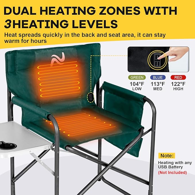 NAIZEA Heated Director Chair-Heated Camping Chair for Adult Oversized Outdoor Chairs with Side Table Pockets Makeup Folding Chairs Supports 550lbs(Power Bank Not Included)