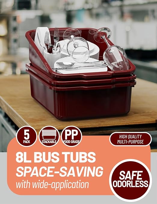 5-Pack Commercial Bus Tubs Box/Tote Box Wine Red Plastic Storage Bin with Handles/Wash Basin Tub (8 Liter)