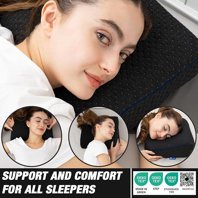 Travel &amp Camping Comfortable Memory Foam Pillow – Easy to Carry Portable Bag – Temperature Regulating Pillow Case - Perfect for Travelling (Black Contour)