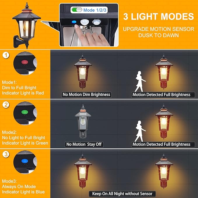 Solar Powered Wall Lantern Lights Outdoor with 3 Modes Motion Sensor Solar Wall Light Waterproof Dusk to Dawn LED Exterior Front Porch Lights Fixtures Wall Mount for Garage House Patio Doorway Yard