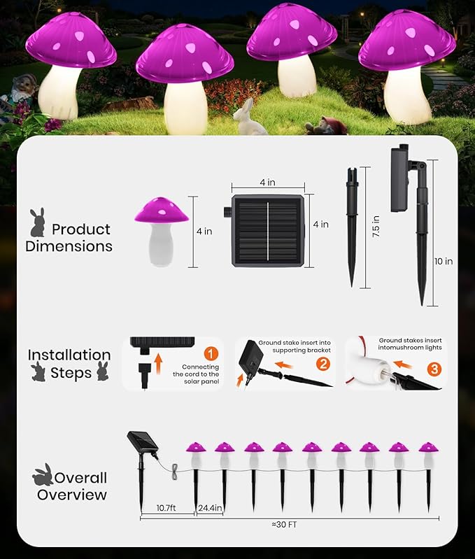 Solar Mushroom Lights Outdoor 9 Pack Garden Outdoor Decor 8 Lighting Modes IP65 Waterproof Crystal-Clear Fairy Decoration for Pathway/Yard/Flower Bed/Patio/Landscape/Backyard/Dwarf String 30 FT