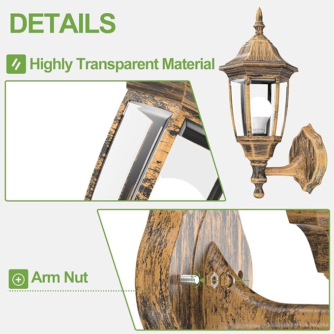 EMART Outdoor Porch Light Brushed Gold Anti-Corrosion Plastic Material Wall Mount Lantern for Backyard Garage Front Porch - 2 Pack