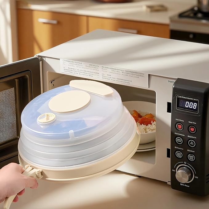 Food Guard Lid for Microwave Splatter Cover with Handle Vented Foldable Design Beige Keeps Food Moist