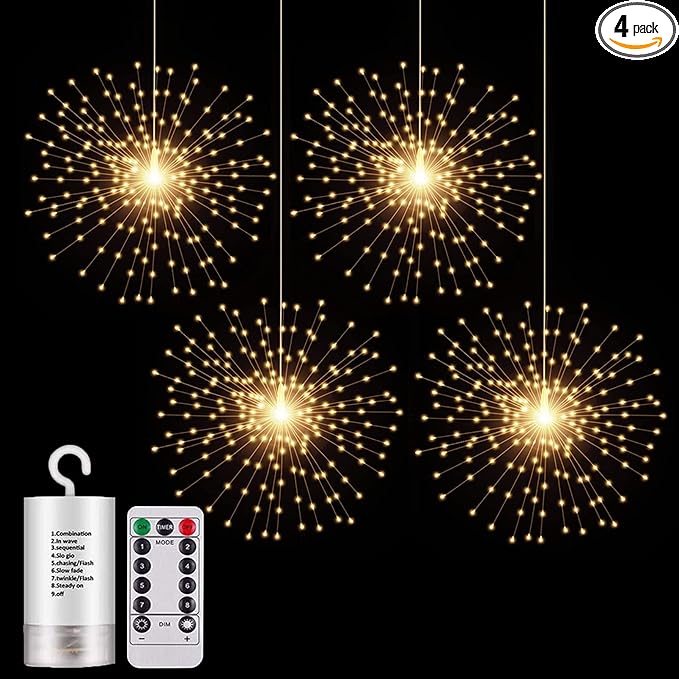 4 Pack Starburst Sphere Lights200 LED Firework Lights 8 Modes Dimmable Remote Control Waterproof Hanging Fairy Light Copper Wire Light for Patio Parties Christmas (Battery Operated)