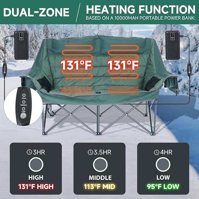 CDEN Heated Double Camping Chair Padded Oversized Folding Loveseat Portable Outdoor Sofa with Cup Holders Carry Bag Cooler Bag Bottle Opener for Camping Picnic BBQ Lawn Fishing (Green)
