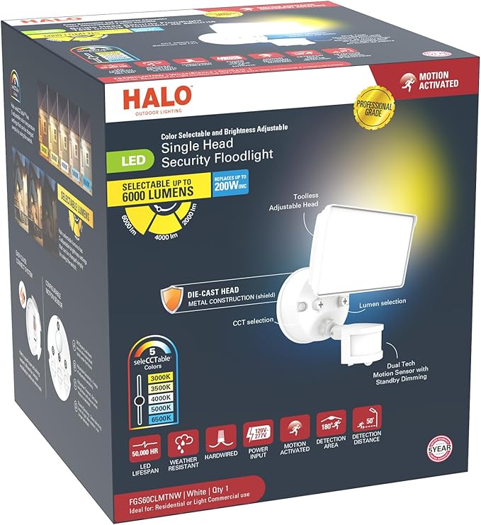 HALO FGS Ultra Bright Outdoor LED Security Floodlight 120-227V w/CCT &amp Lumen Select Motion Activation - White FGS60CLMTNW