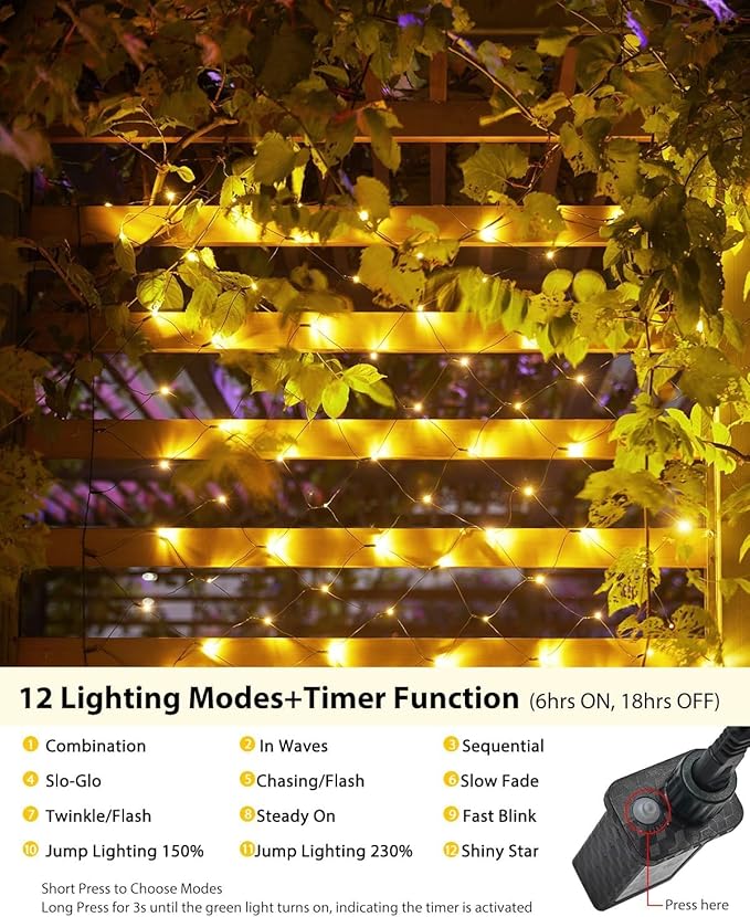 Brightown 2 Pack 12 x 5FT 360 LED Christmas Net Lights Outdoor Mesh Lights Waterproof IP65 12 Modes Connectable Extendable Mesh Net Christmas Light Outdoor for Bush Tree Yard Garden Warm White