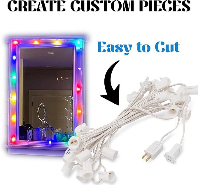 HLO Lighting C7 Light Strings | 50' White Cord with 12 Socket Spacing E12 Light Stringer for C7 Christmas Lights