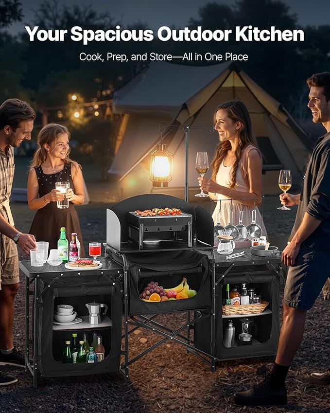 VEVOR Camping Kitchen Table Outdoor Camp Cooking Table Aluminum Portable Cook Station with 3 Storage Cupboard Carrying Bag Detachable Windscreen Quick Set-up for BBQ Party Picnic RV Travel Black