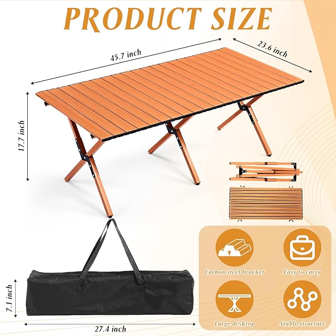Suzile 2 Pack 4FT Folding Camping Table Roll Up Portable Camp Table with Carry Bag Low Collapsible Lightweight Aluminum Outdoor for Camping Picnic Beach Patio Kitchen(Nut Brown)