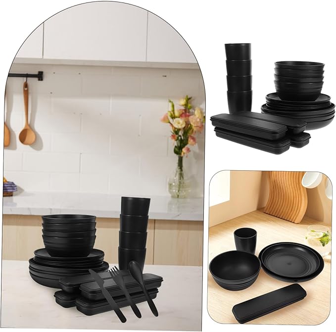 4sets Black Camping Dishes Utensil Picnic Lunch Box Fork Spoon Knife Bowl Cup Reusable Easy Clean Fine Dining