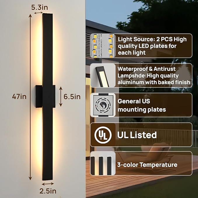 Upgraded 47in Black Long Modern LED Outdoor Wall Lights 3000K 4000K 5000K Dimmable Exterior Wall Sconce Outside Light fixtures for House Garage Front Door