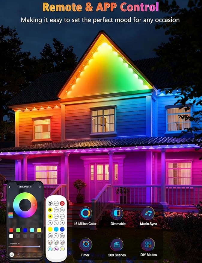 100FT Permanent Outdoor Lights 60 LED Smart RGB&ampIC Outdoor Eave Lights with App/Remote Control 209 Scene Modes IP67 Waterproof Outside Light for House Party Christmas