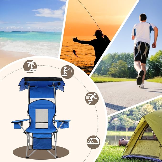BDL Camping Chair with Canopy Shade Portable Foldable Canopy Chair with Cooler Mesh Backrest Cup Holder and Pocket for Camping Fishing Beach and SportsSky-Blue