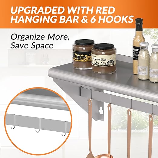 Commercial Stainless Steel Shelf with 5 Hooks 12 x 24 Wall Mounted Food Service Storage Rack Shelves Heavy Duty 250 lb Metal Shelf for Kitchen Restaurant Food Truck Garage Laundry Room