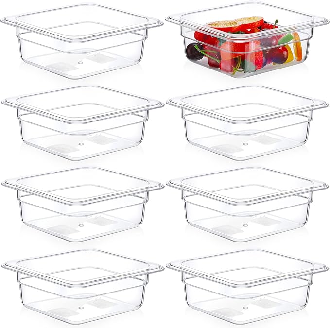 Nuenen 8 Pcs 1/6 Size 2.6 Inch Deep Food Storage Container Polycarbonate Plastic Clear Cold Pans for Kitchen Restaurant Food Prep 1 Quart