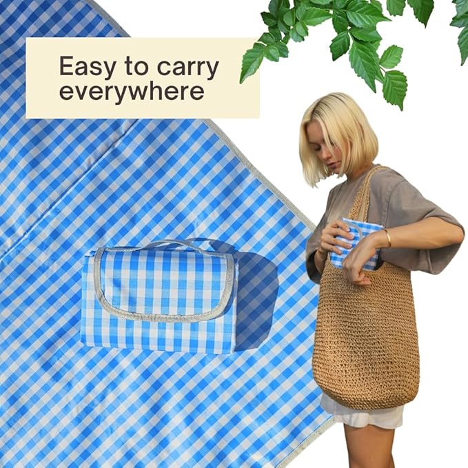 Cute Gingham Picnic Blanket Waterproof Foldable in Large 80x60in and Extra Large 80x80in Portable Compact Beach Blanket Oversized XL Outdoor Mat (Blue X-Large)