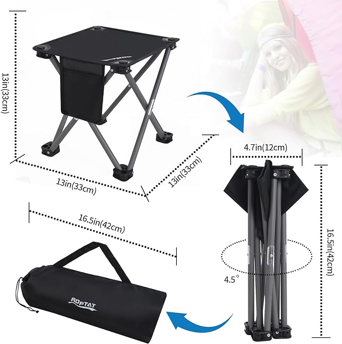 Roptat 2 Pack Camping StoolPortable Folding Compact Lightweight Stool Seat for Camping Fishing Hiking Gardening Outdoor Walking Backpacking Travelling and Beach with Carry Bag (Black)