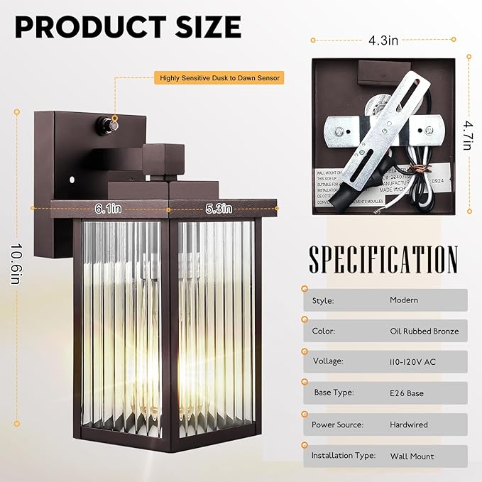 Outdoor Wall Lights for House Exterior Dusk to Dawn Porch Lights Outdoor Waterproof Matte Black Front Door Light Fixture &amp Garage Lighting with Wall Mount Sconce(Oil-Rubbed Bronze)
