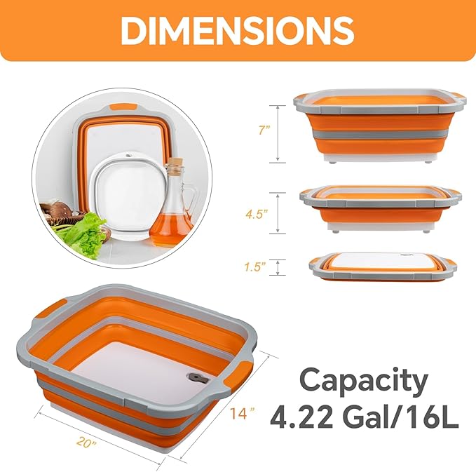 Collapsible BBQ Prep Tub for Meal Prep MarinatingFood Storage picnics camping barbecuescutting fruits and vegetables - Includes Cutting Board and Locking Lid(X-Large) Orange