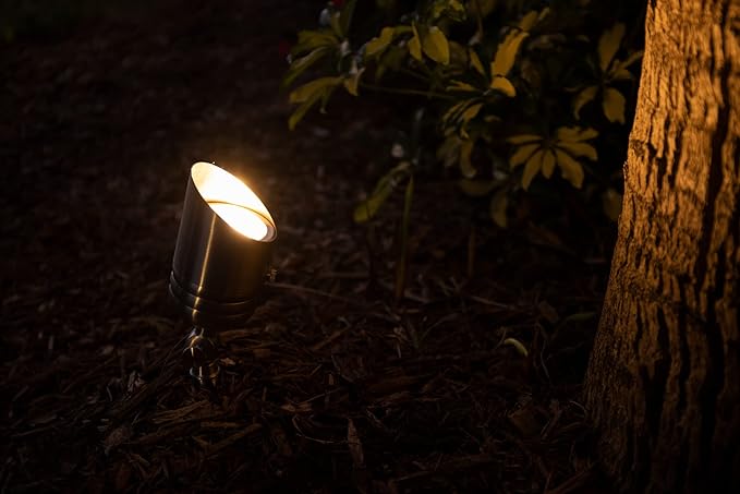 VOLT Fat Boy 12V Stainless Steel Outdoor Spotlight with 5W 2700K Warm White 400 Lumen MR16 LED Bulb for Low Voltage Landscape Lighting of Yard Lawn Garden Patio Trees &amp House