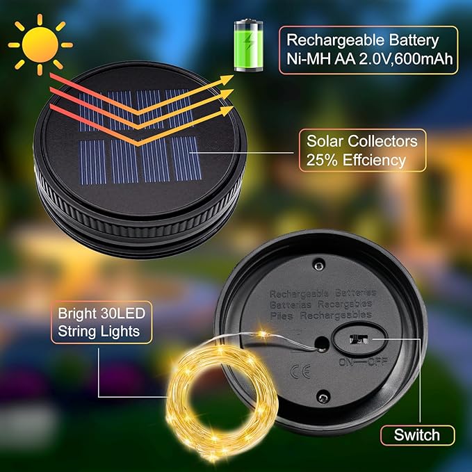 6 Pack Solar Light Replacement Top Replacement Solar Light Parts for Mason Jar LanternOutdoor Decorative Waterproof Table Fairy Lights for Patio Yard Lawn Tree