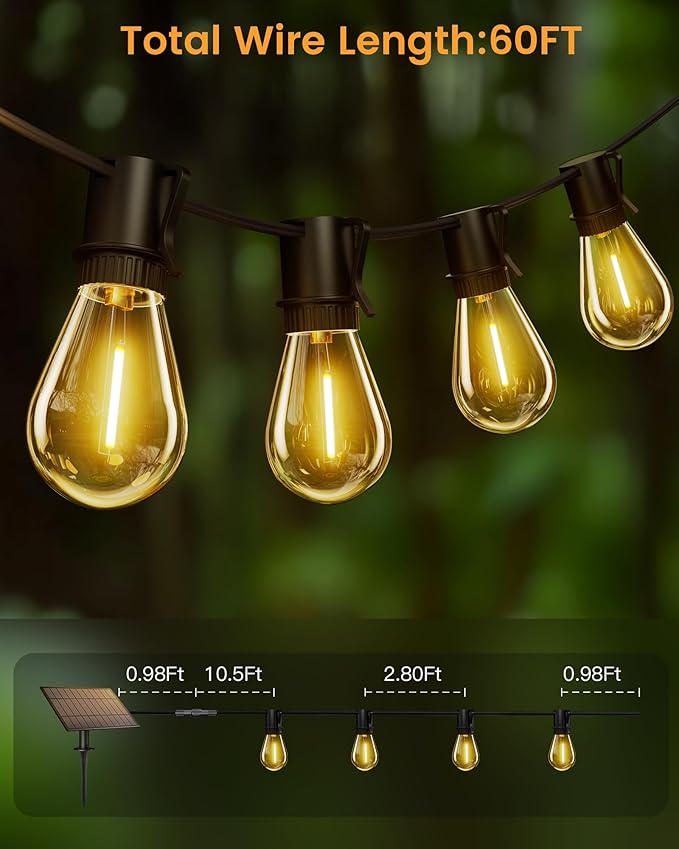 Torkase 60FT Solar Outdoor String Lights 18+1 Shatterproof LED Bulbs Waterproof USB Rechargeable 2200K Warm White Energy-Saving Hanging Patio Lights for Garden Porch Bistro Deck Camping