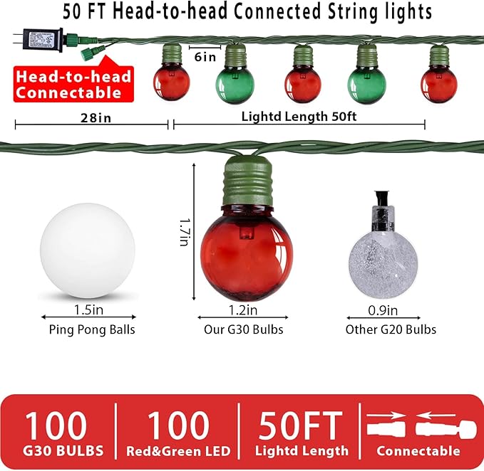 100 LED 50Ft Globe Christmas Lights Outdoor Round G30 Christmas Small Balls Lights Connectable Waterproof for Patio Backyard Eaves Tree Porch Indoor Outdoor (Red and Green)