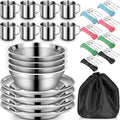 58 Pcs Camping Plates Cups and Bowls Set Stainless Steel Dishes Mess Kit Utensils Tableware with Spoons Forks Knives Storage Bags for 8 Person Outdoor Camping Backpacking Hiking Travel Picnic
