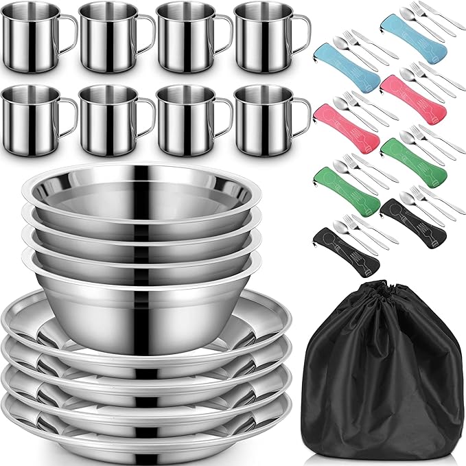 58 Pcs Camping Plates Cups and Bowls Set Stainless Steel Dishes Mess Kit Utensils Tableware with Spoons Forks Knives Storage Bags for 8 Person Outdoor Camping Backpacking Hiking Travel Picnic