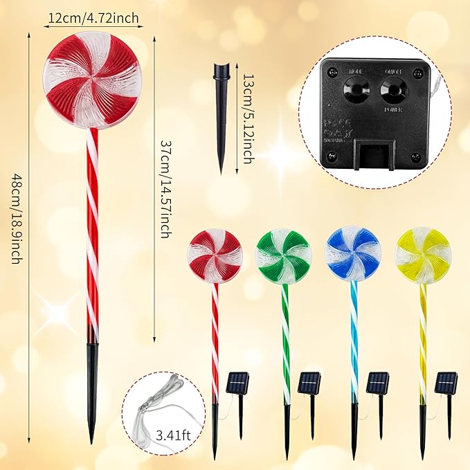 4PCS Lollipop Peppermint Solar Candy Cane Lights Outdoor - Christmas Solar Pathway Lights Christmas Lollipop Decorations 8 Modes Candy Cane Pathway Light for Outside Yard Walkway