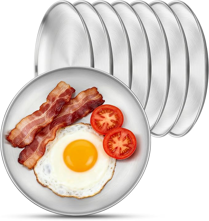 8 Stainless Steel Plates 7.8 inch Small 201 Metal Camping Plate Reusable Food Serving Dish Snack Eating Dishes Round Shatterproof Brushed Finish Silver Dish for Dinner Oven Dishwasher Safe