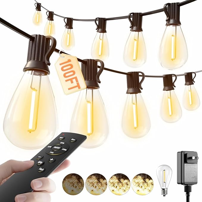 luckystyle 100FT LED Outdoor String Lights with Remote 35+ 1 Shatterproof Bulbs Waterproof and Dimmable Patio Lights for Porch Garden Backyard Deck Balcony 2700K Hanging Lighting