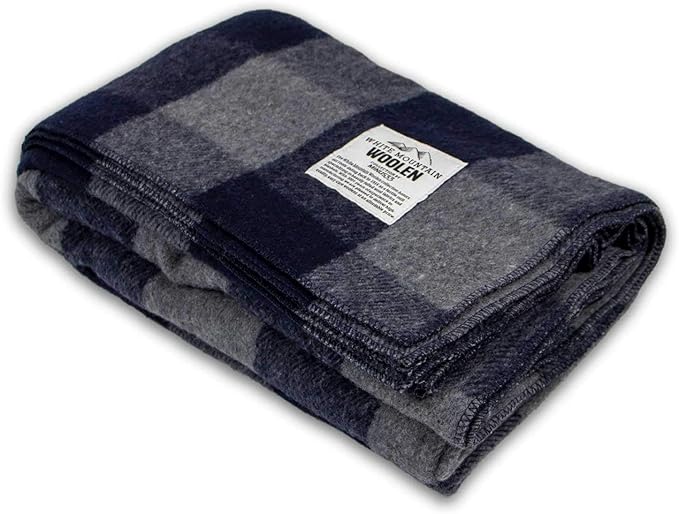 Camp Throw Blanket - 80% Recycled Wool - Buffalo Plaid - Warm Throw Blanket - Thick - Washable - 62W x 80L - Gray and Blue Plaid