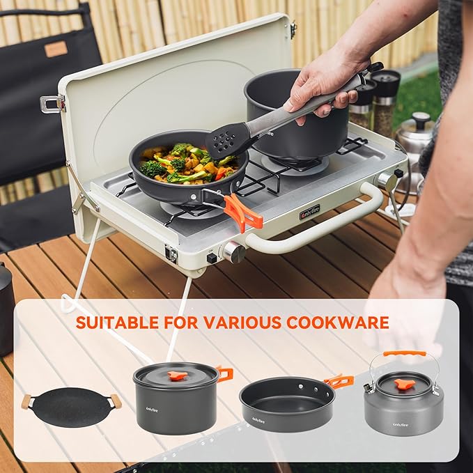 ONLYFIRE OUTDOOR LIVING Portable Camping stove 2-Burner Propane Gas Stove with Foldable Legs Camp Stove for Camping Patio Backyard Picnic Tailgating RV BBQ GS331 Off-white
