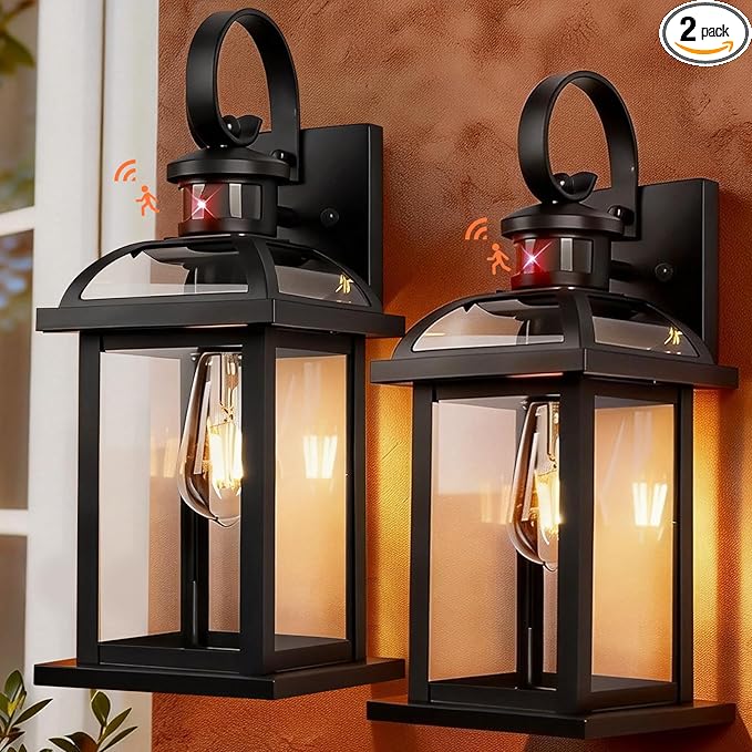 Matte Black Motion Sensor Outdoor Lighting Dusk to Dawn 2-Pack Anti-Rust Aluminum Outdoor Light Wall Mounted House Exterior Light Fixture IP65 Waterproof Outside Wall Lantern Garage 16”