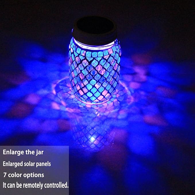 Solar Mosaic Lights - 12 Color Changing LED 4 Lighting Modes with Remote Control Handcrafted Glass Decor Lanterns Hanging or Tabletop Decor for Garden (Bule)