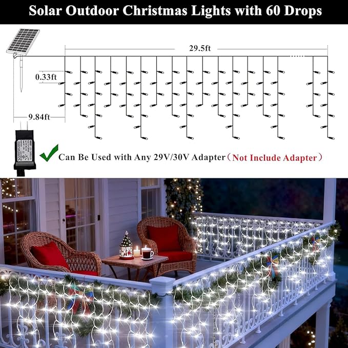 320LED Solar Christmas Lights Outdoor Waterproof Christmas Decorations Lights 29.5ft 60 Drops8 Modes Solar Powered Rechargeable Fairy Lights for Party HolidayWedding Decorations (Cool White)