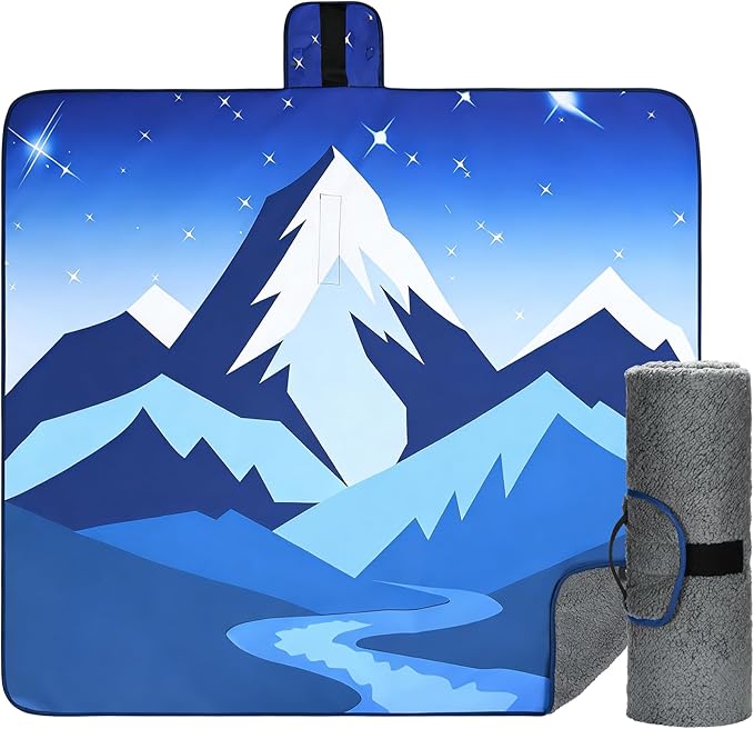 Tirrinia Waterproof Outdoor Blanket Warm Windproof Stadium Blankets with Sherpa Lining Foldable Camping Blanket Emergency Blanket with Mountain Landscape Design for Car Beach Picnic Hiking