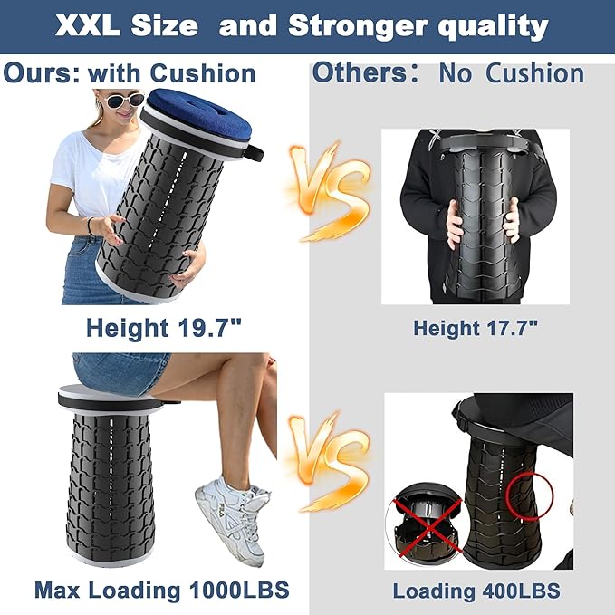 ALEVMOOM Upgraded XXL Collapsible Stool with Cushion 19.71000lbs Max WeightWider &amp Taller Seat Heavy Duty Portable Retractable Folding Chair or Travel Foot for Camping &amp Outdoors(Grey)