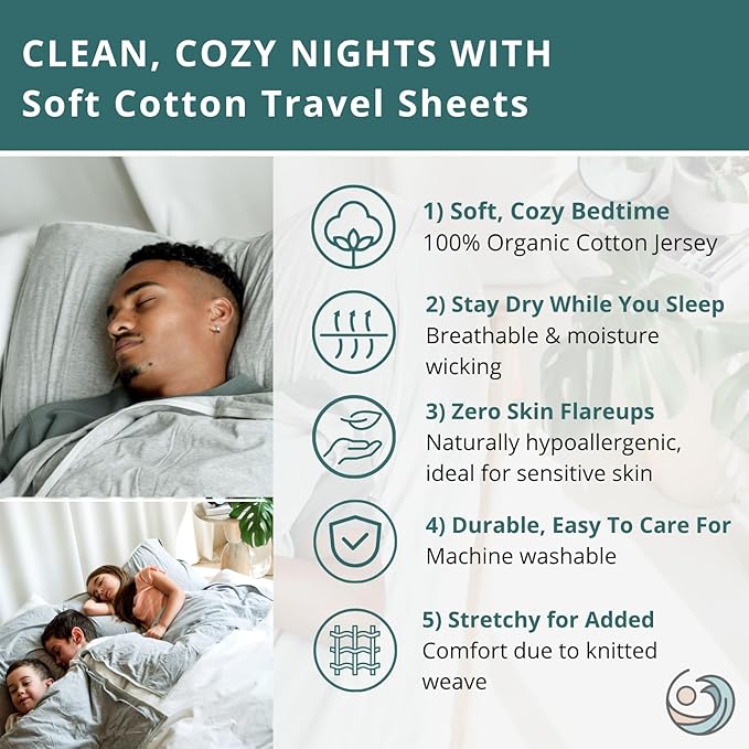 Soft Cotton Sleeping Bag Liner – 100% Organic Jersey Cotton Travel Sheet with Full Zipper Lightweight Camping Sheet for Hotel &amp Travel Single or Double Convertible Stretchy Sleep Sack for Adults
