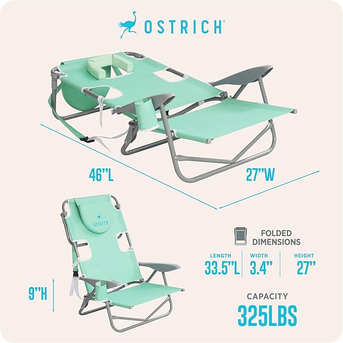 Ostrich the Heavy-Duty Backpacker Portable Beach Chair with Face Hole Adjustable Lounge Chair with Face Opening Cup Holder &amp 325lb Capacity Teal