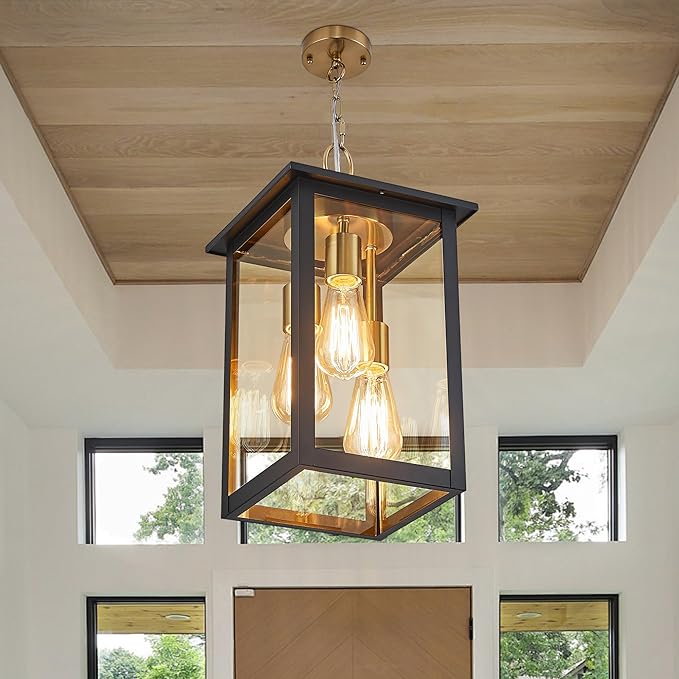 3-Lights Large Outdoor Pendant Light with Clear Glass17Inch Ht Exterior Hanging Lantern with Textured BlackSuit for Damp LocationsEasily Installed on Your Porch &amp Patio Yard Garden.