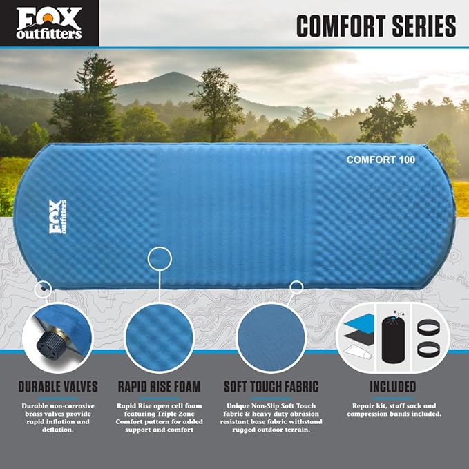 Fox Outfitters Comfort Series Self Inflating Camp Pad - Perfect Foam Sleeping Pads for Camping Backpacking Hiking Hammocks Tents (Regular)
