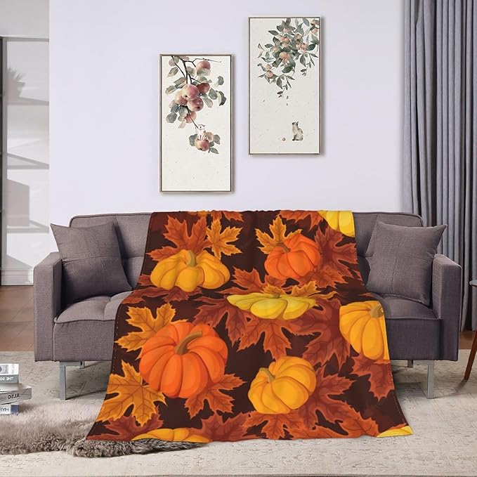 60X50 Fall Pumpkin Lightweight Flannel Blanket - Soft and Breathable Polyester Suitable for Travel Camping and Home Decoration