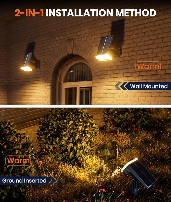 2-Pack Solar Lights Outdoor Waterproof IP67 3 Color Modes (Warm/Cool White &amp Hybrid) with 3 Lighting Modes 105° Adjustable Dusk to Dawn Solar Spotlights for Pathway/Garden/Yard Wall/Ground Light