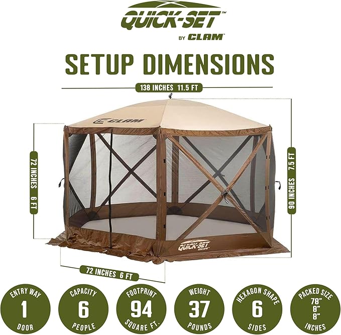 CLAM Pop Up Screen Tent Outdoor Camping Gazebo Canopy Escape 11.5' Brown - Heavy-Duty Portable Screened Shelter with Netting for Beach Patio and Backyard