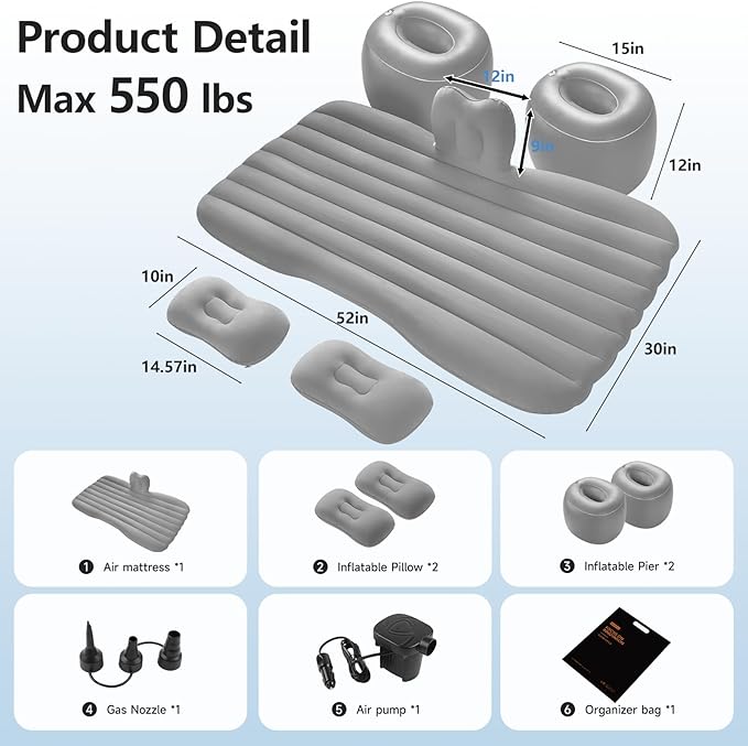 Thickened Inflatable Car Bed Air Mattress with Safety Side Wedge/Built-in Air Pump &amp 2 Pillows/Back Seat Camping Sleeping Pad for SUVs and Sedans/Portable Foldable Airbed for Travel/Gray