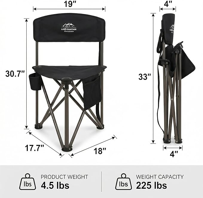 2 Pack Folding Camping Tripod Stool with Backrest &amp Cup Holder Lightweight Portable Outdoor Chairs for Adults Compact 3-Leg Seat for Fishing Hunting Hiking &amp Travel w/Bag - Black