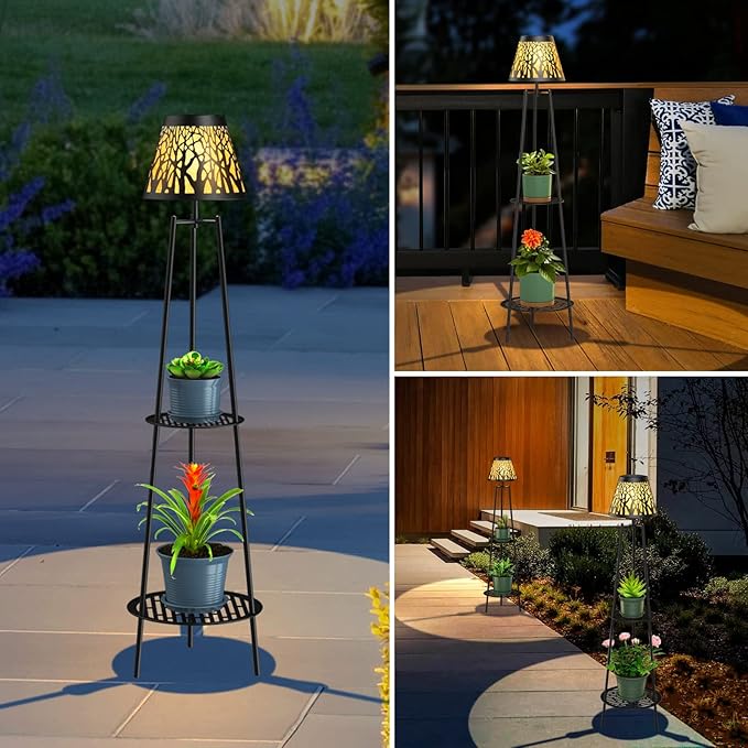 MXwcy 2 Pack Metal Solar Floor Lights Outdoor with Plant Stands 45.5'' Solar Powered Street Lights for Garden Yard Pathway Driveway Porch